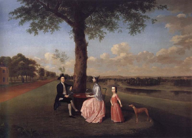 Arthur Devis Henry Fiennes Clinton,9th Earl of Lincoln,with his wife,Catherine and his son,George,on the great terrace at Oatlands Germany oil painting art